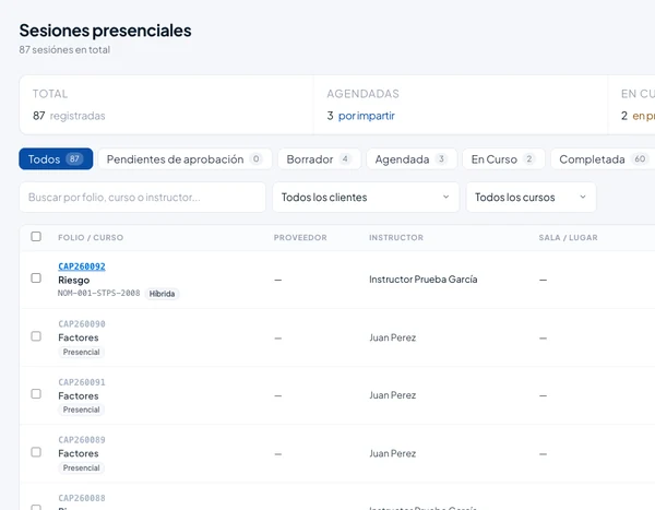 Vista del listado de sesiones en la plataforma